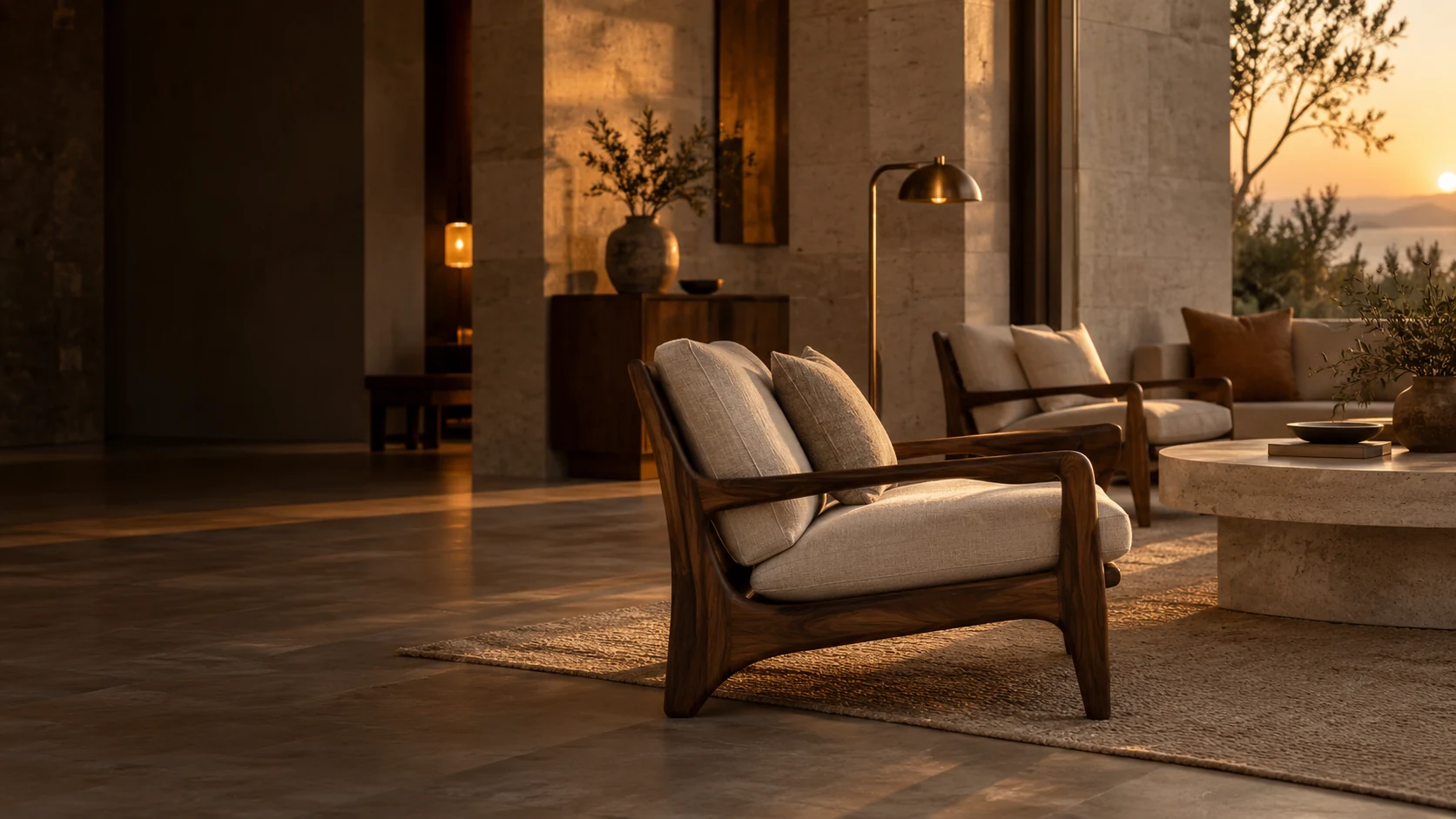Warm light across a hospitality interior with walnut lounge chairs