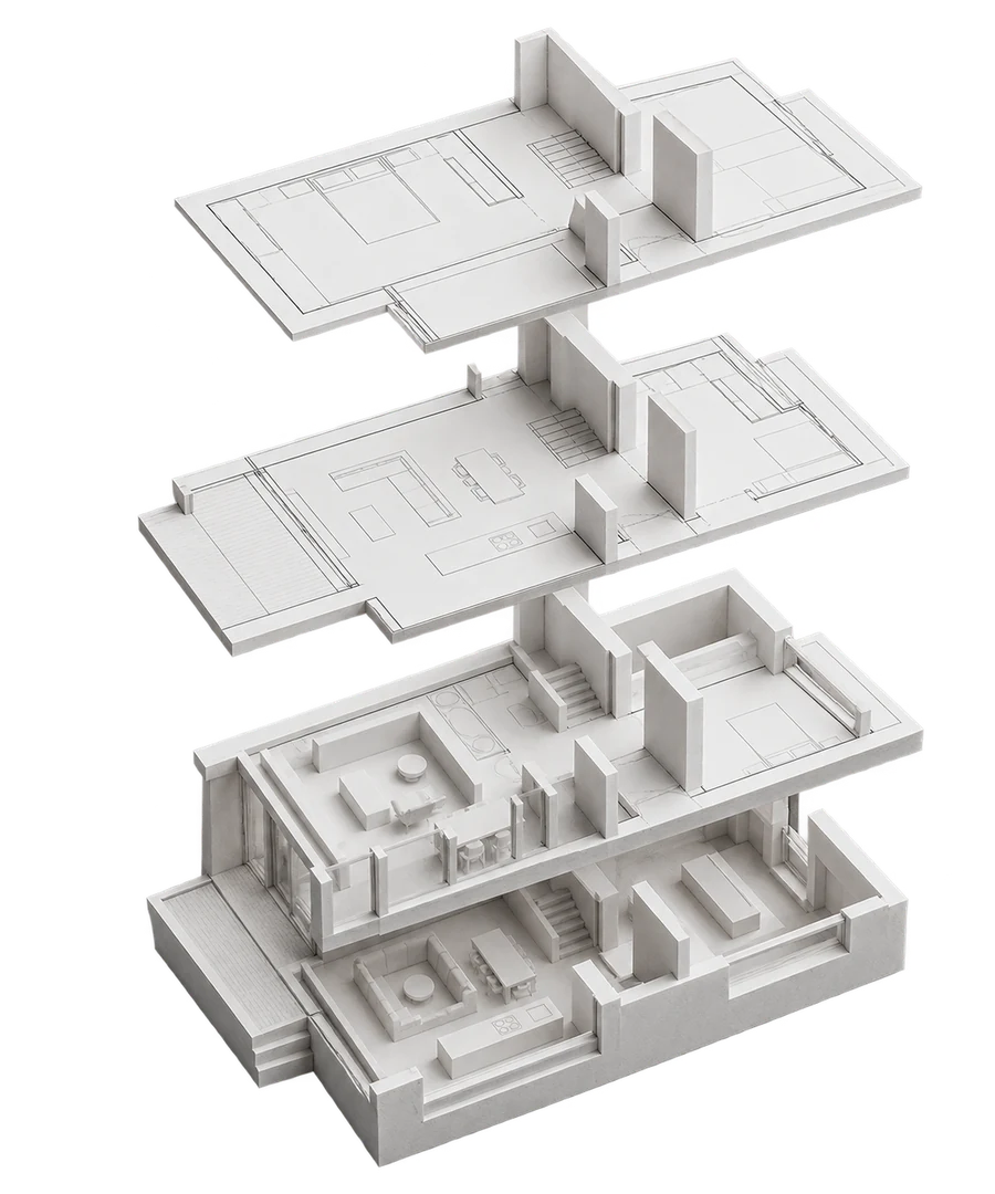 An exploded architectural study with floor plans and white model components aligned in layers