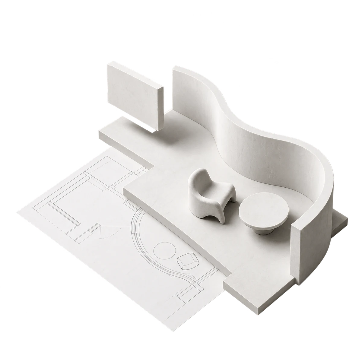 White plaster interior model taking shape above an architectural floor plan.