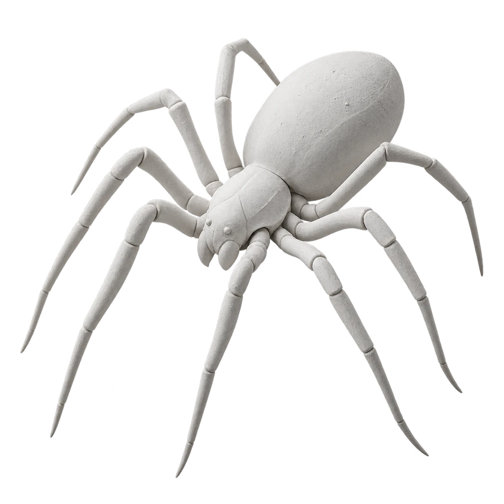 A white plaster spider sculpture with eight arching legs.