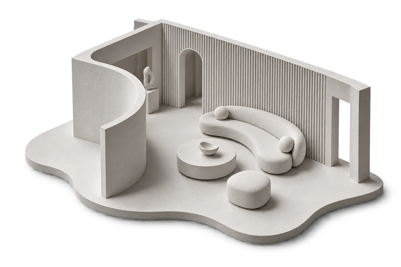 White architectural room model with a curved partition, sculptural seating and a circular table